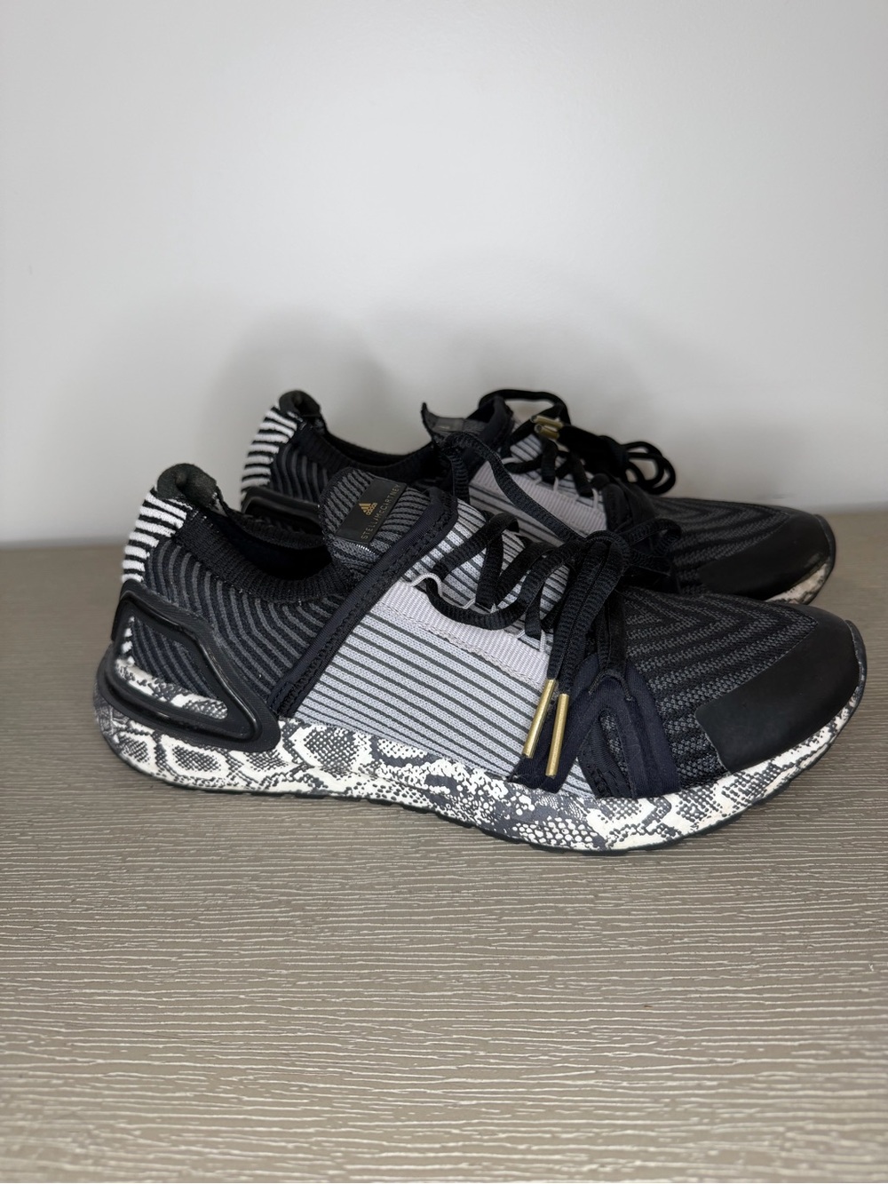 adidas Black and Gray Knit Sneakers with Snake-Print Midsole